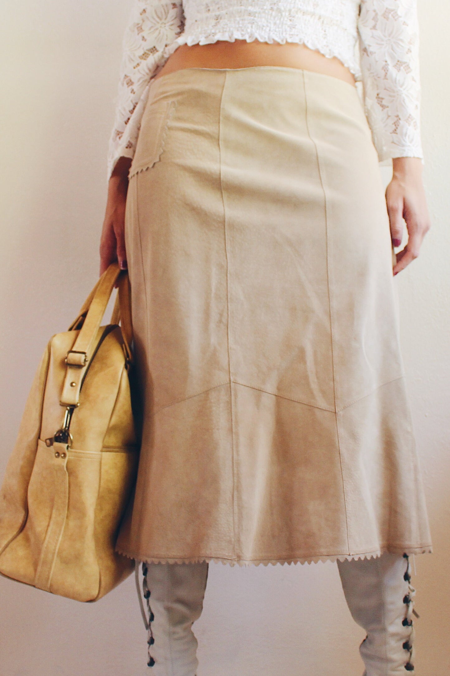 Vintage Y2K Leather Khaki Patchwork Low Waisted Skirt - Boho Southern Style Midi | Perfect for Layering and Summer