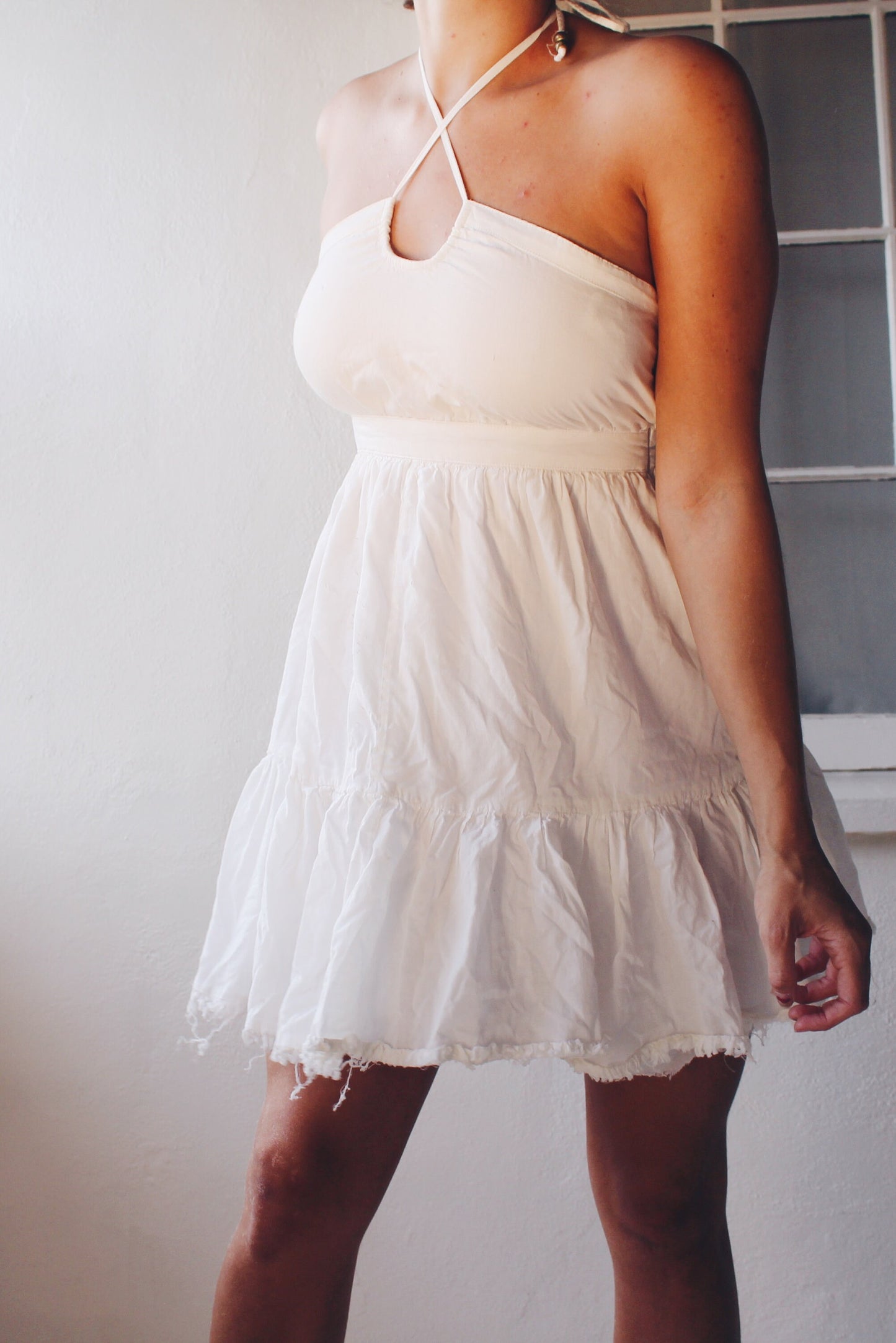 White Cotton Upcycled Vintage Sundress - Halter Top Keyhole Neckline with Raw Bottom Hem | Whimsical Bohemian Cottagecore Style