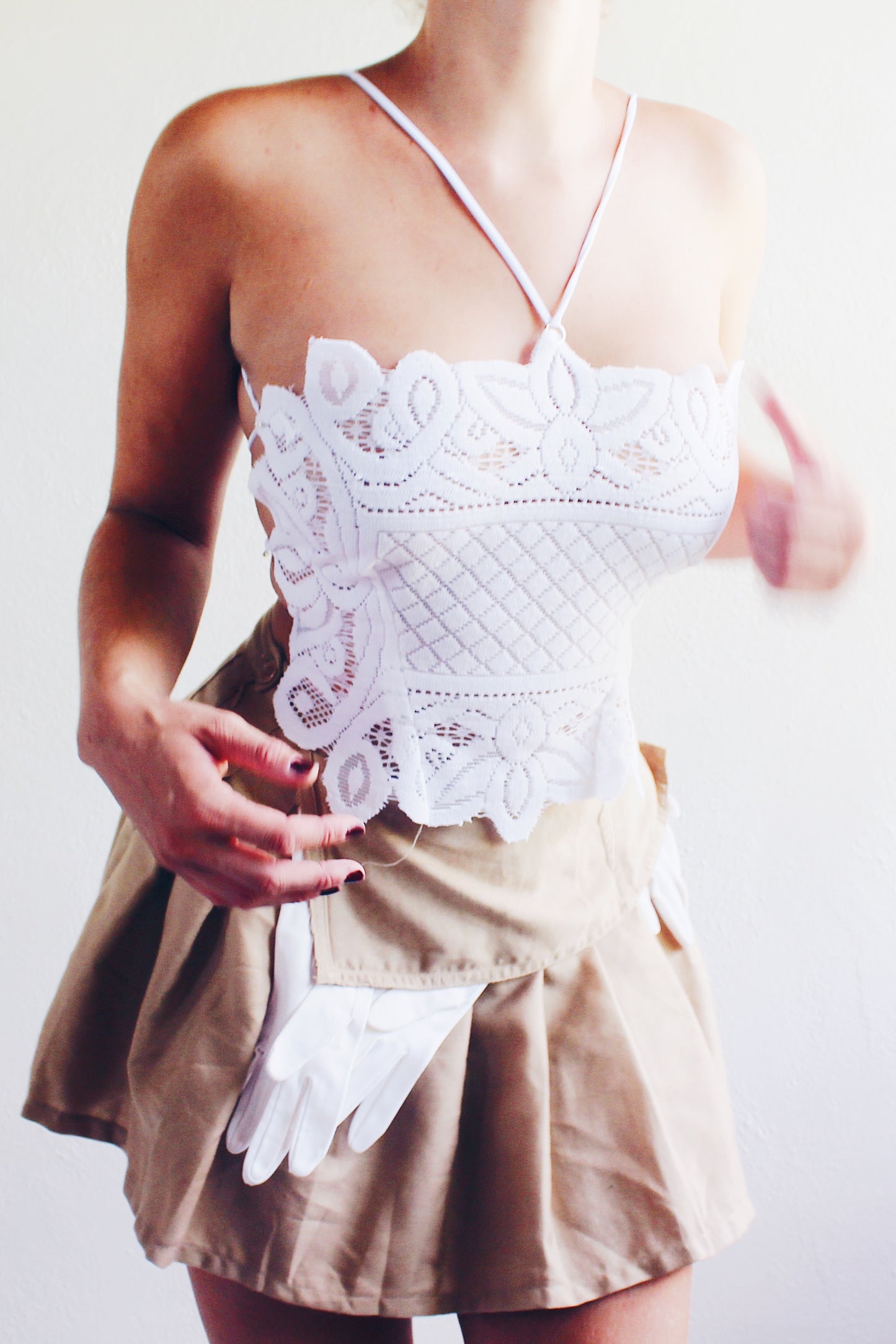 Tea Time crop top / repurposed doily tube top / upcycled crochet macrame tank / reworked lace up vintage tank top