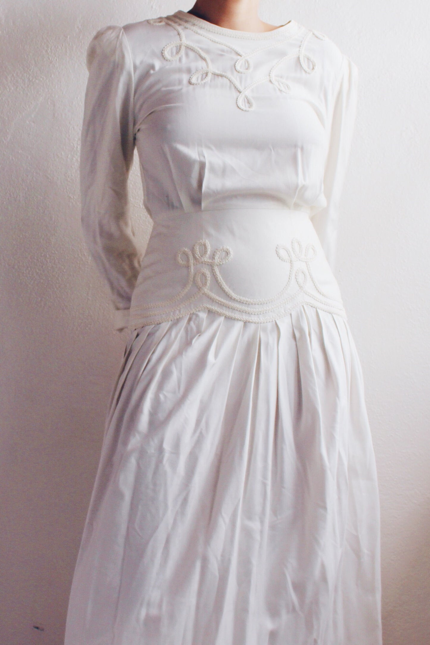 Ivory Long Sleeve Drop Waist Midi Prairie Dress - 70s Edwardian Renewal Cottagecore Style Sundress