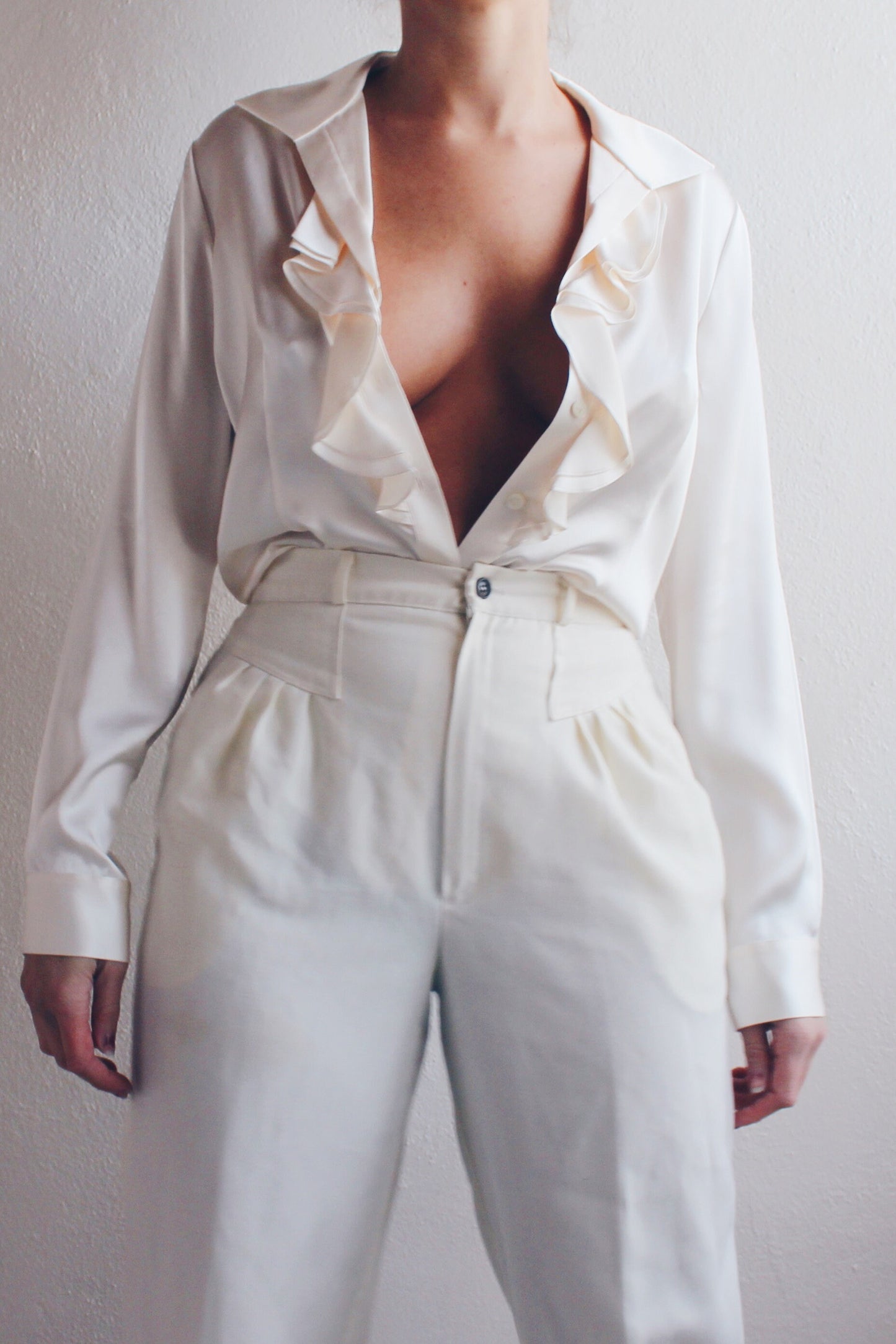 Vintage Cream Silk Blouse with Ruffled Bust - Romantic Coquette Style | Perfect for Corporate or Formal Events