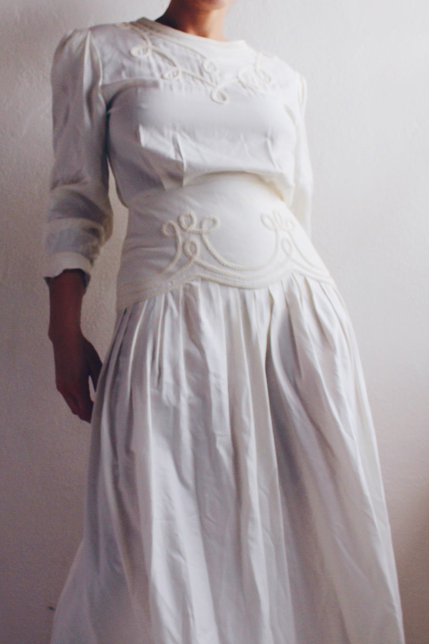 Ivory Long Sleeve Drop Waist Midi Prairie Dress - 70s Edwardian Renewal Cottagecore Style Sundress