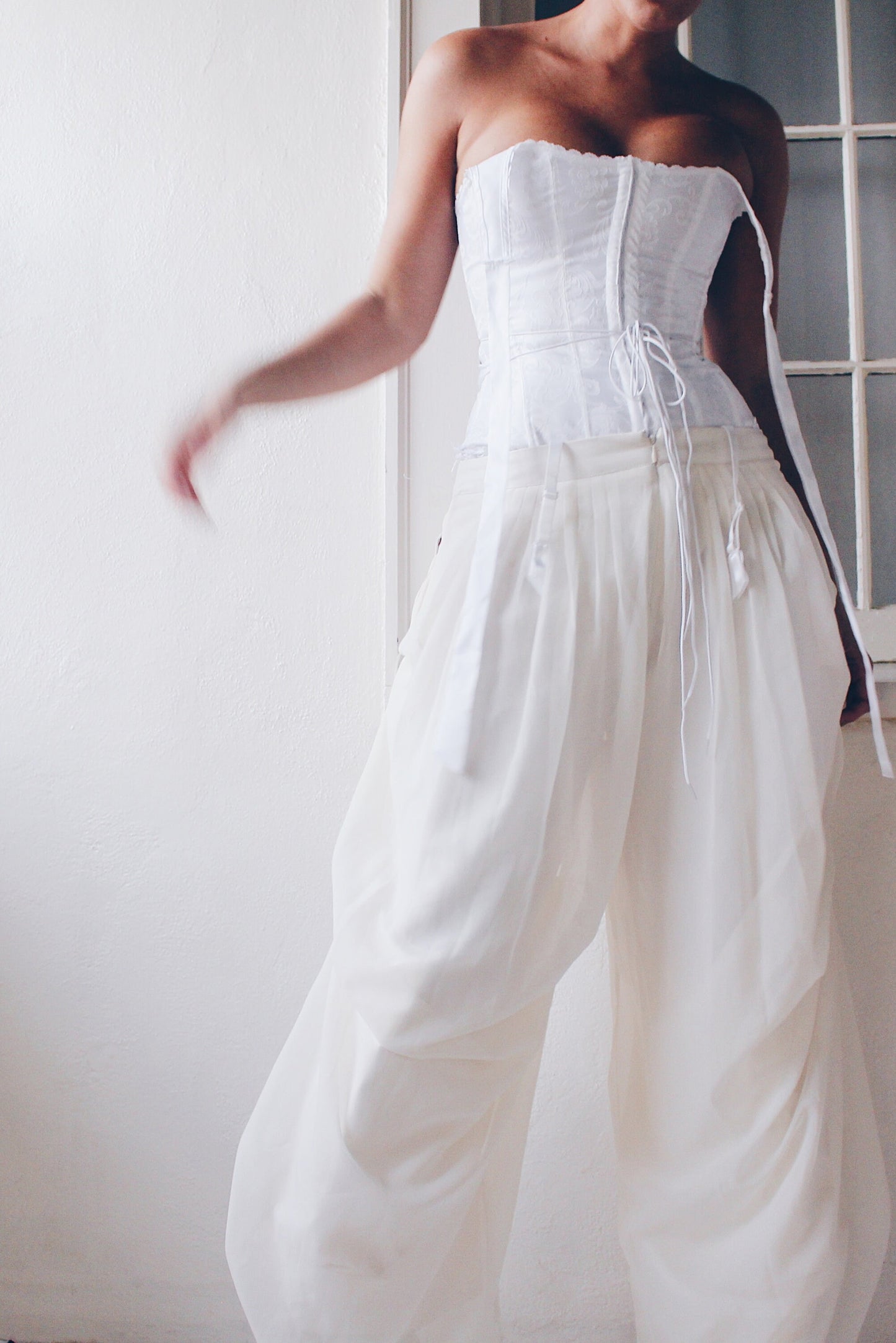 Pleated White High Waisted Parachute style pants /  Ivory Cinched Wide Leg formal pants