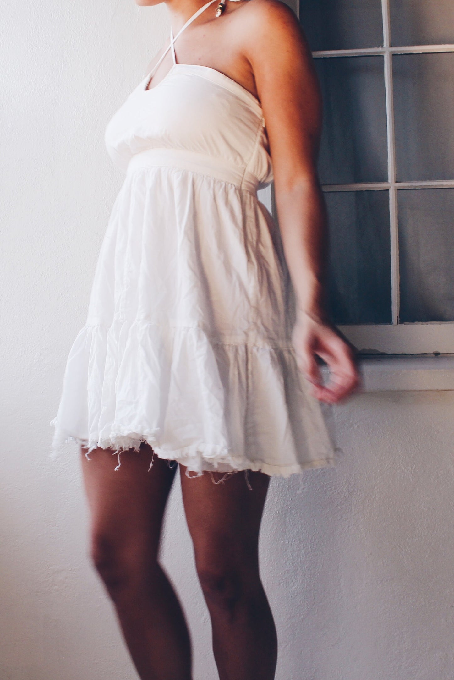 White Cotton Upcycled Vintage Sundress - Halter Top Keyhole Neckline with Raw Bottom Hem | Whimsical Bohemian Cottagecore Style