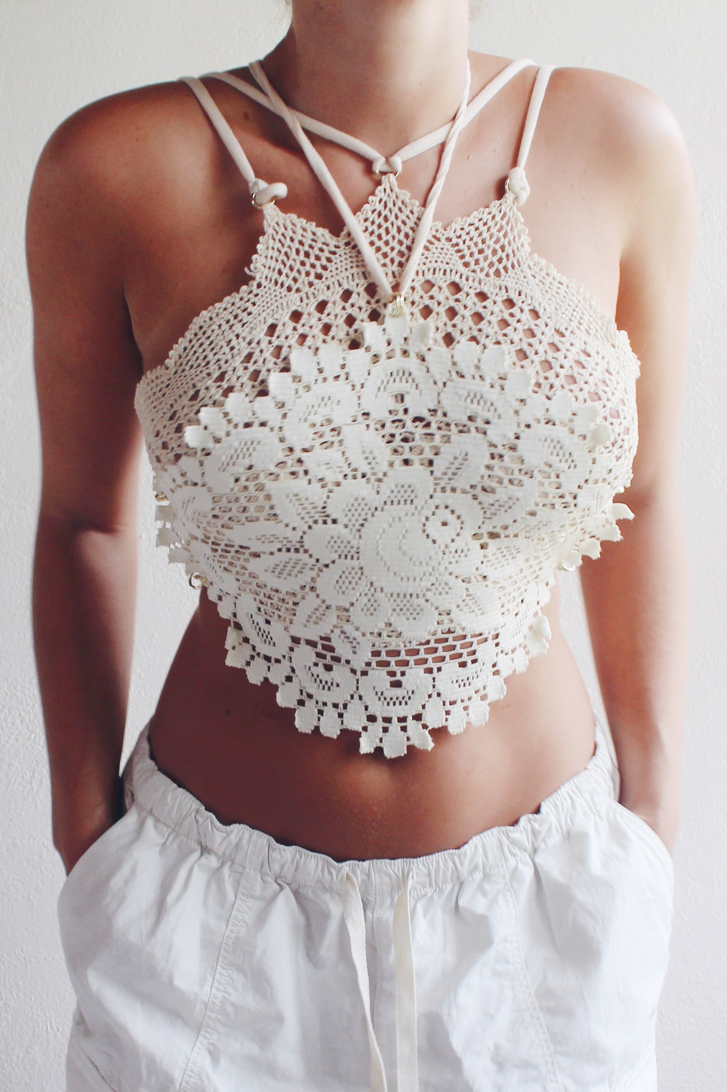 Tea Time crop top / repurposed doily top / upcycled crochet macrame tank / reworked vintage tank top