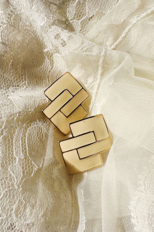 Gold and Ivory Geometric Vintage Stud Earrings