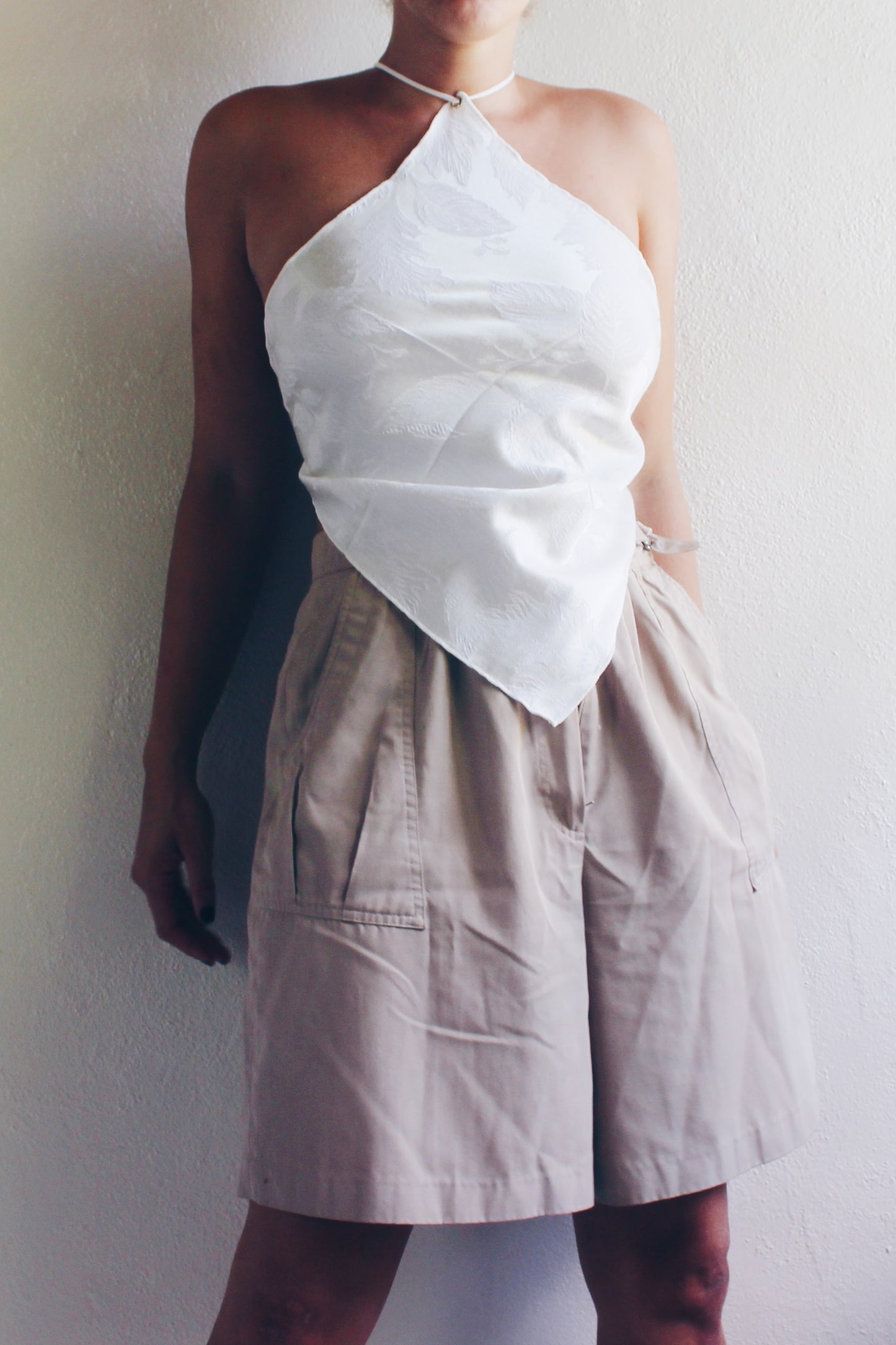 Reworked French hanky hem shirt / White floral Upcycled Bandeau / baroque Tapestry Haltar Crop Top