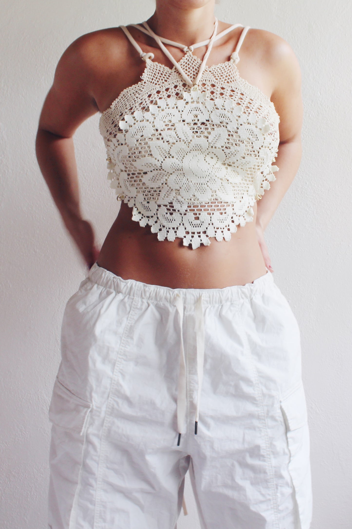 Tea Time crop top / repurposed doily top / upcycled crochet macrame tank / reworked vintage tank top