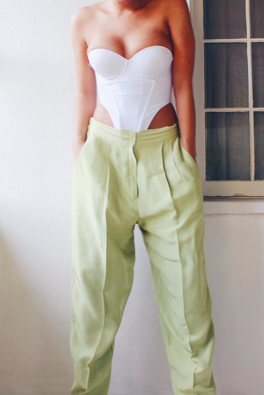 High Waisted Bright Green Pants / Vintage Pleated Green Trousers