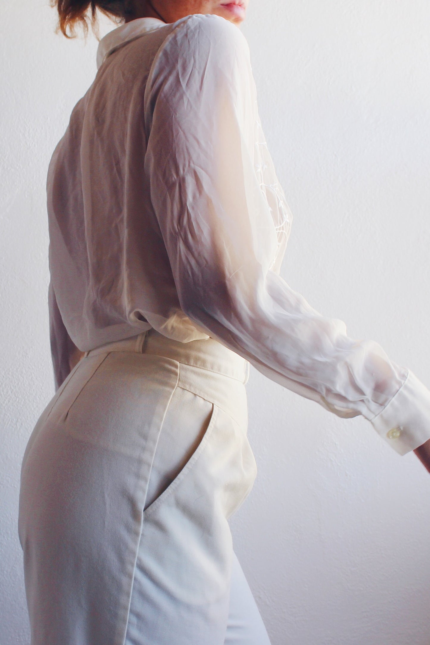 White Floral Embroidered Sheer Blouse / Sheer Ethereal Long Sleeve Shirt / See Through Long Sleeve Top