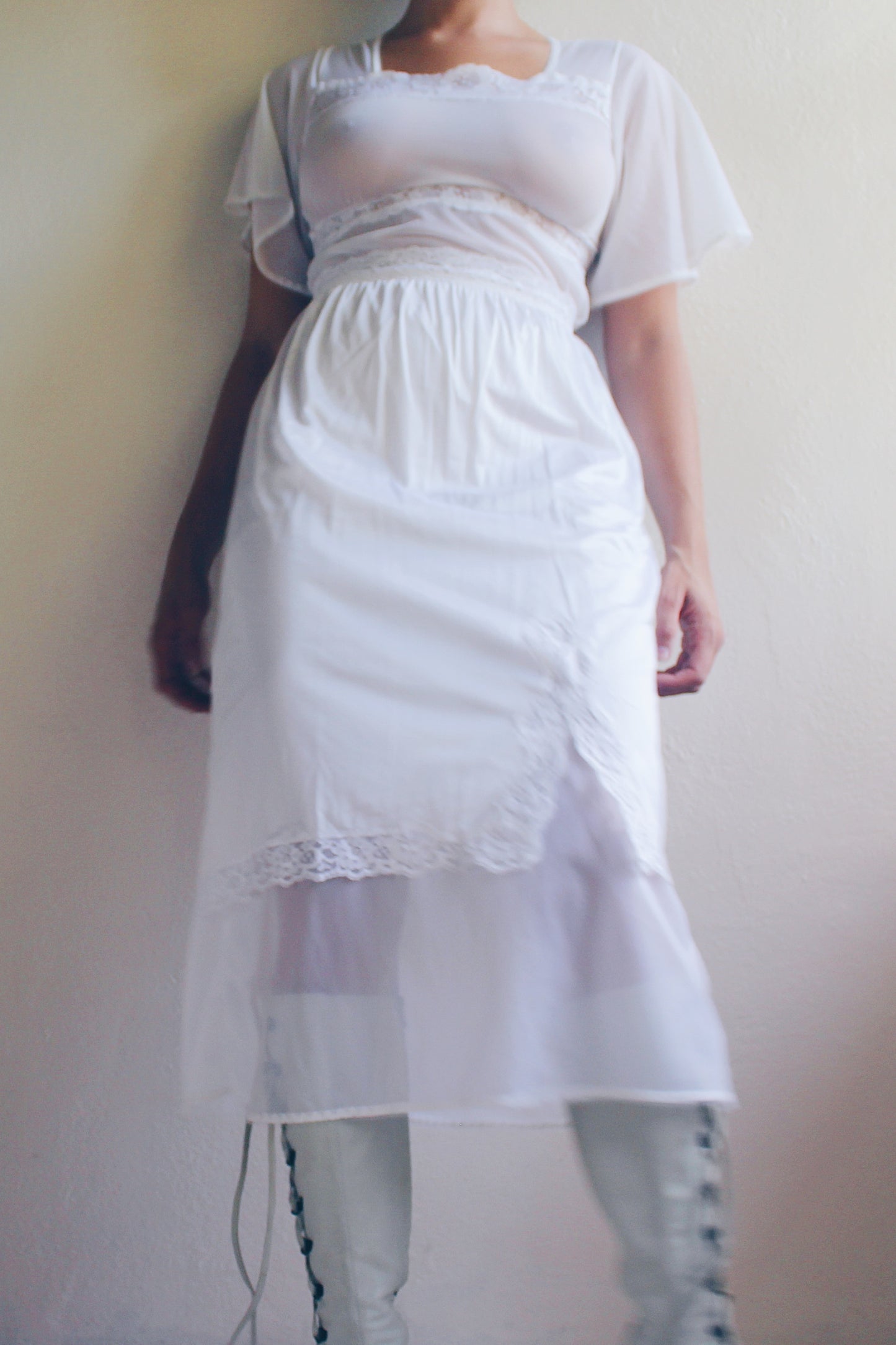 Whimsical Sheer White Lace Maxi Slip / Sheer Lace Wendy  Vintage nightgown