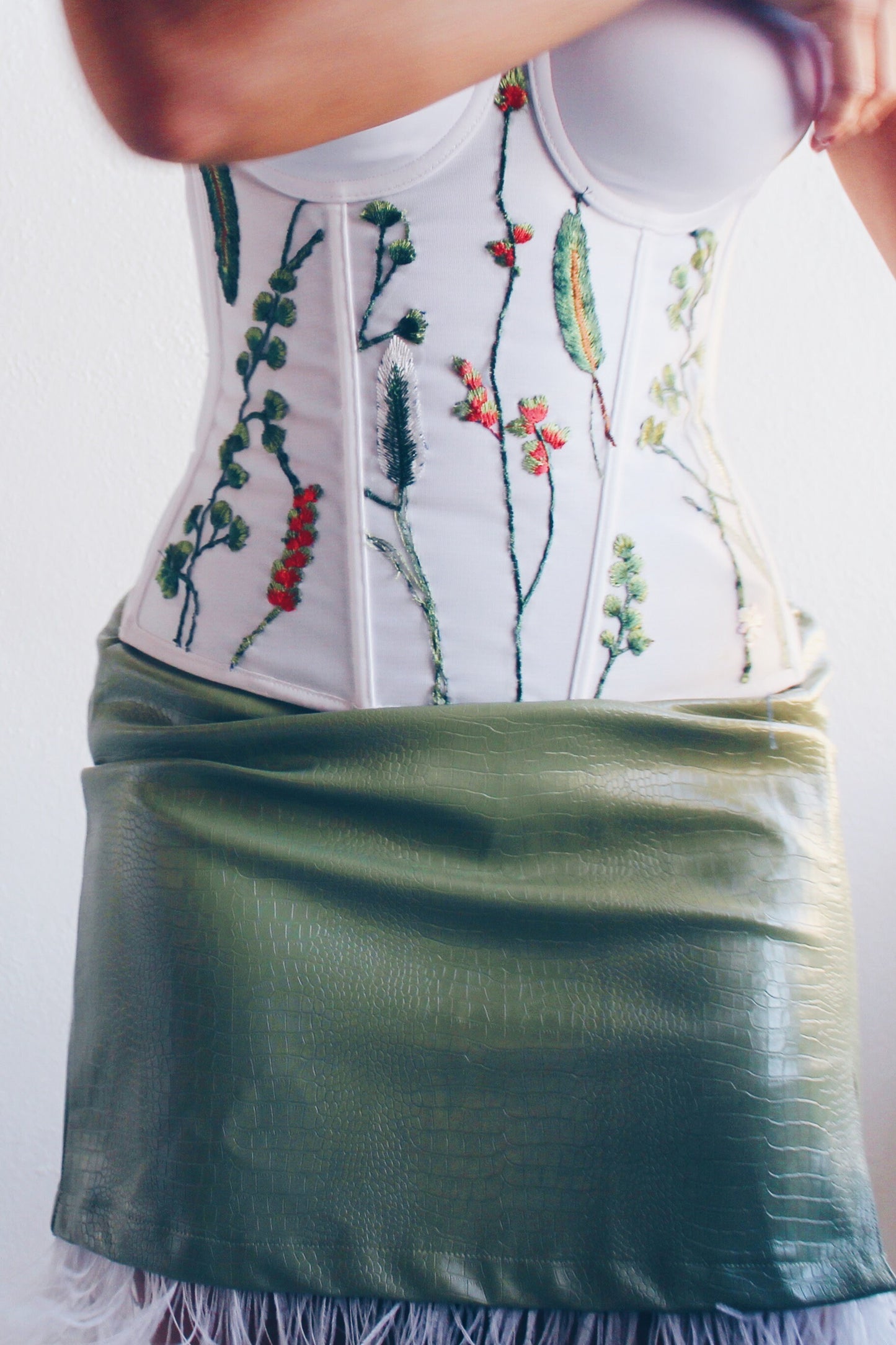 Green Snake Print Faux leather miniskirt / Olive high waisted vegan leather skirt / ostrich feather skirt