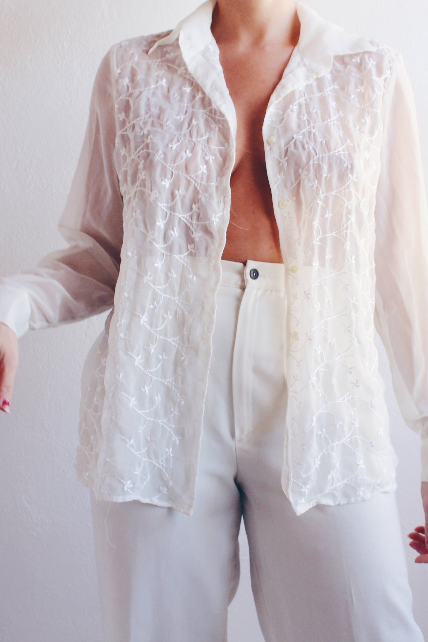 White Floral Embroidered Sheer Blouse / Sheer Ethereal Long Sleeve Shirt / See Through Long Sleeve Top