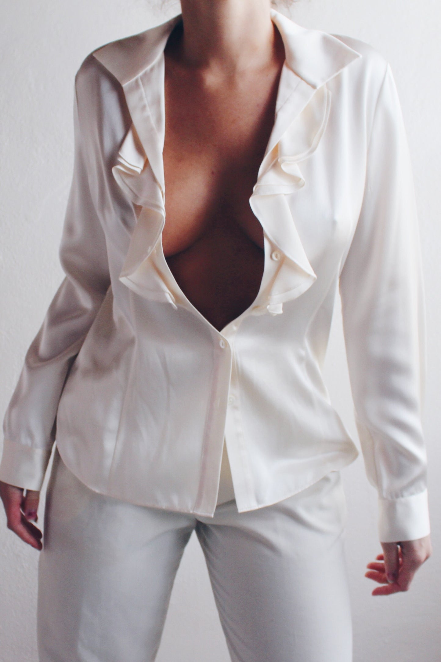 Vintage Cream Silk Blouse with Ruffled Bust - Romantic Coquette Style | Perfect for Corporate or Formal Events