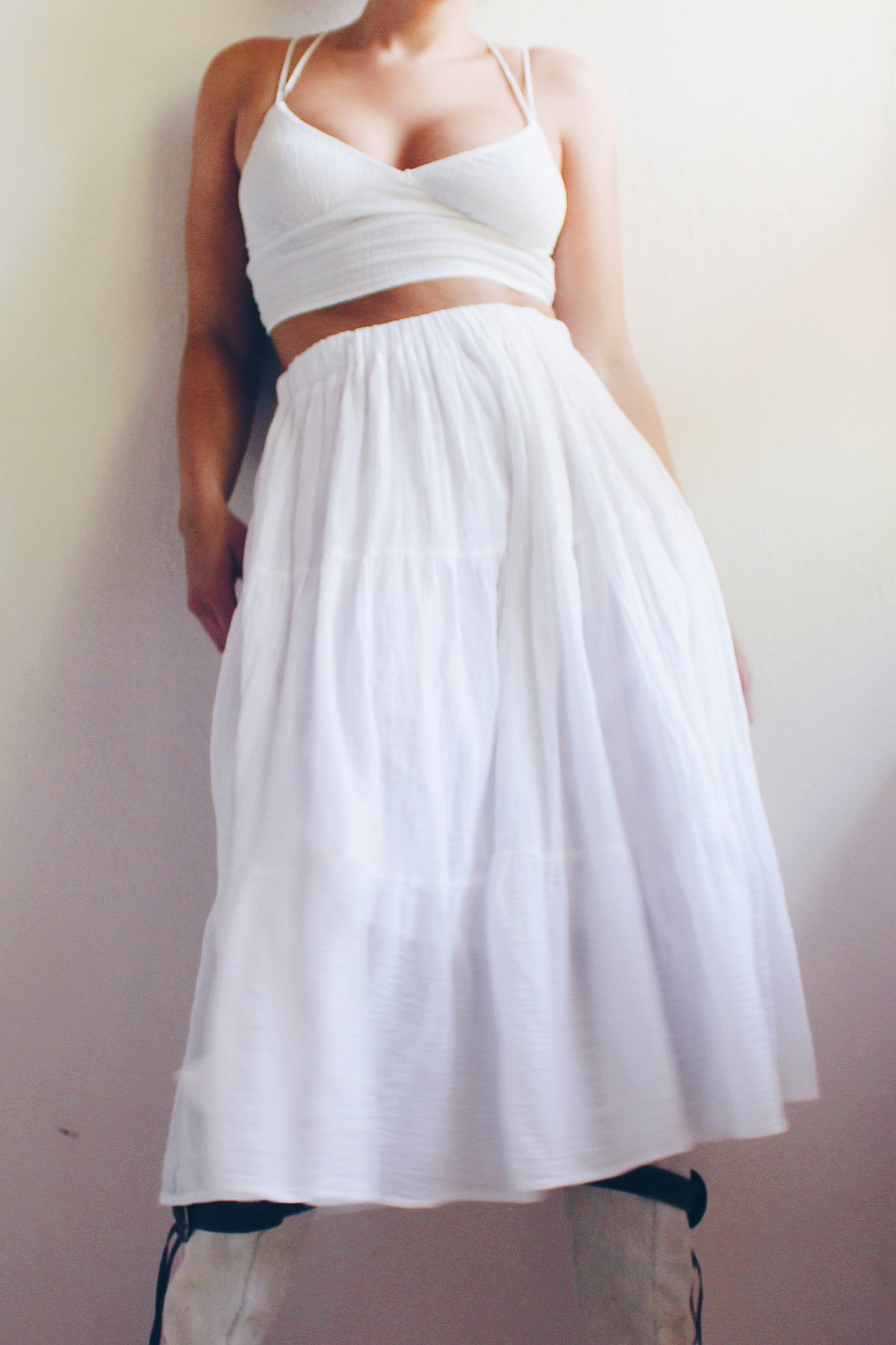 White Gauze Flowing Peasant Skirt / Cosston Layered Circle Midi Skirt