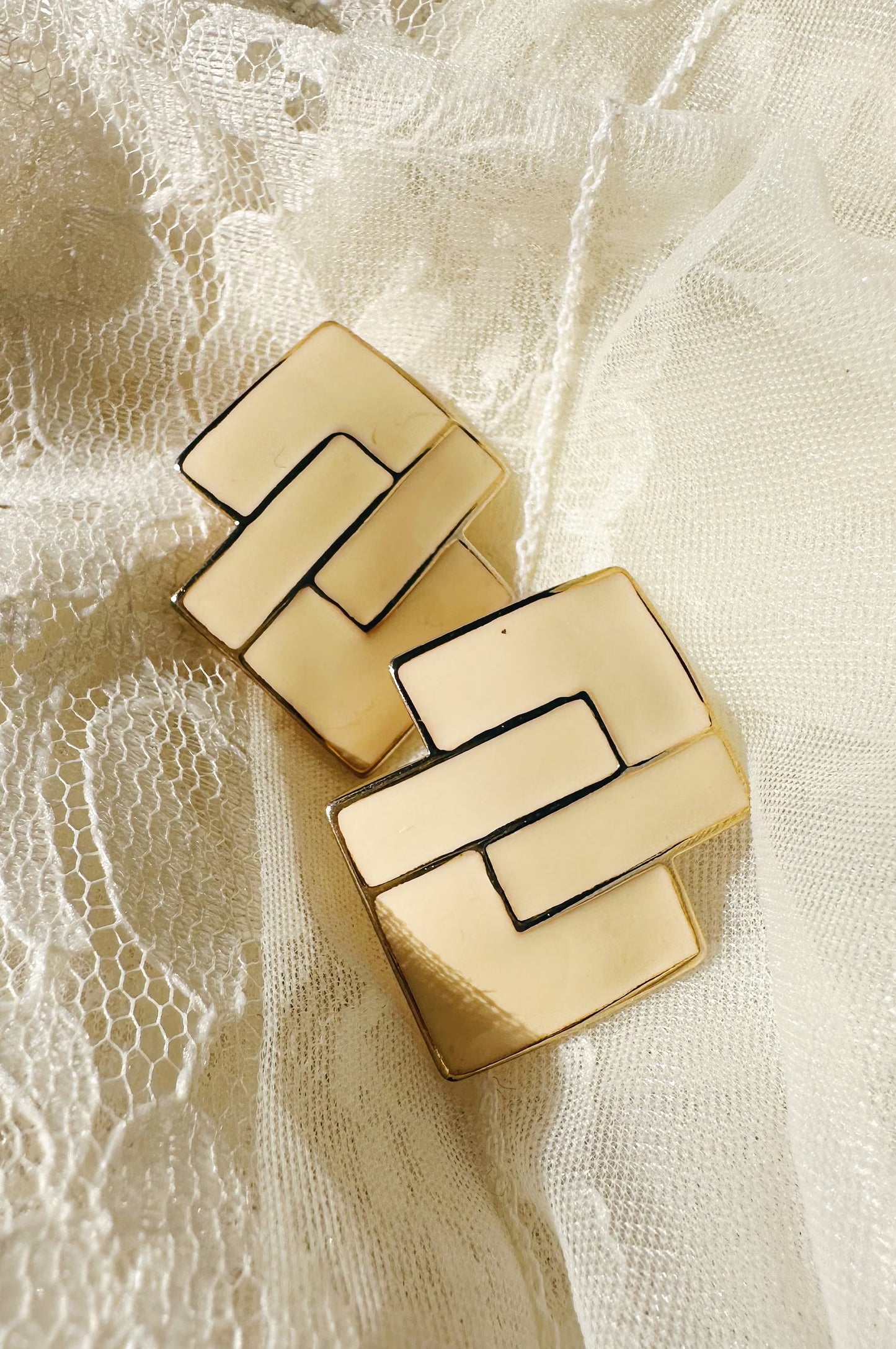 Gold and Ivory Geometric Vintage Stud Earrings