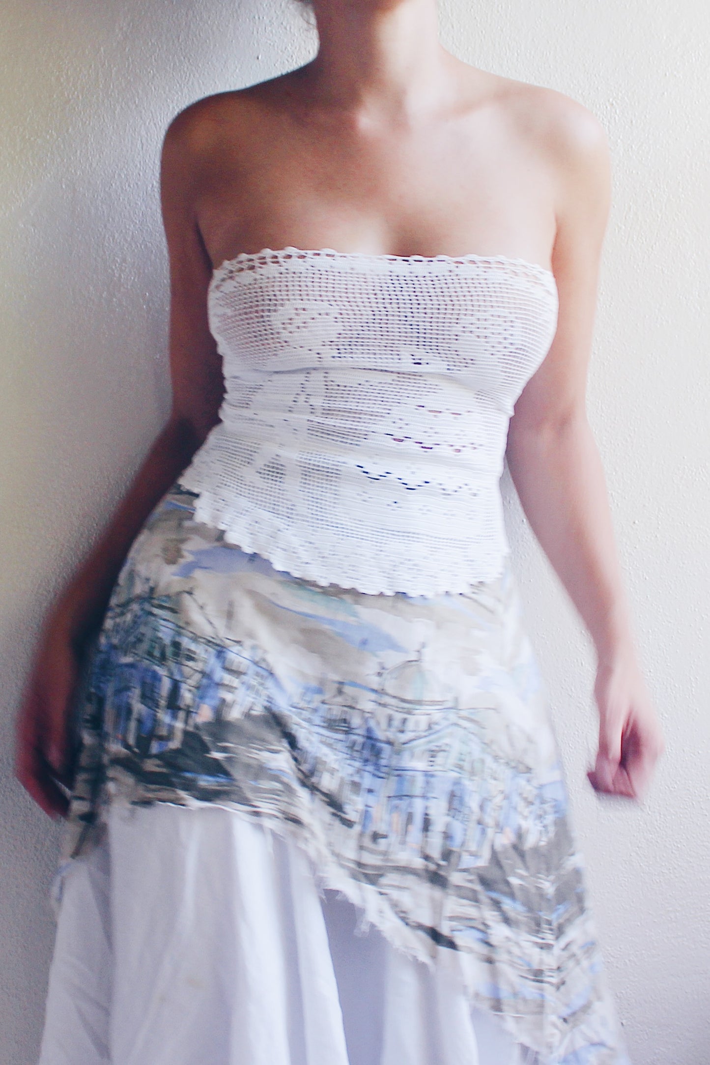 Tea Time crop top / repurposed doily tube top / upcycled crochet macrame tank / reworked lace up vintage tank top