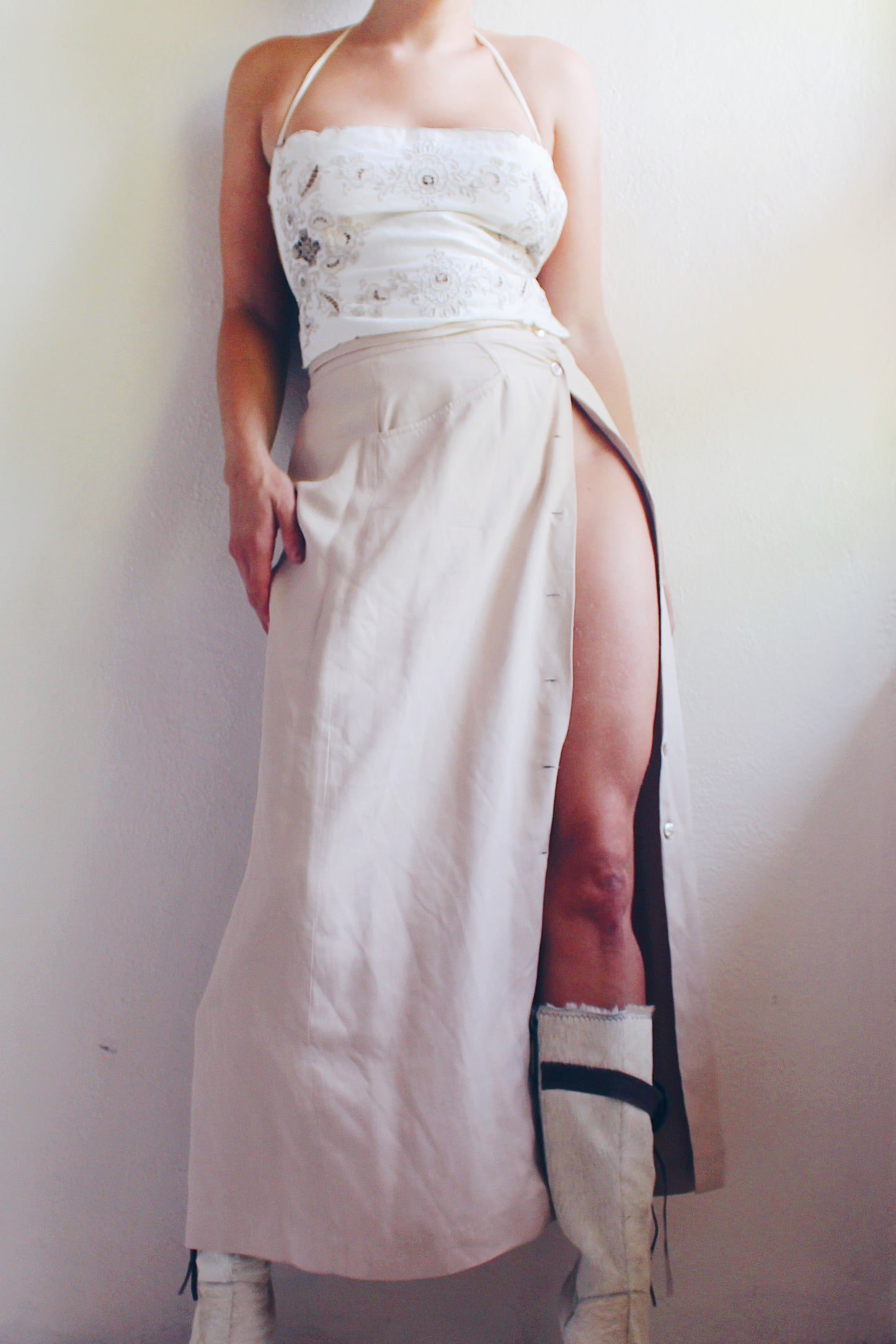 Light Summer Silk Maxi Skirt / Long Casual Khaki button up skirt / 90s Boho Style