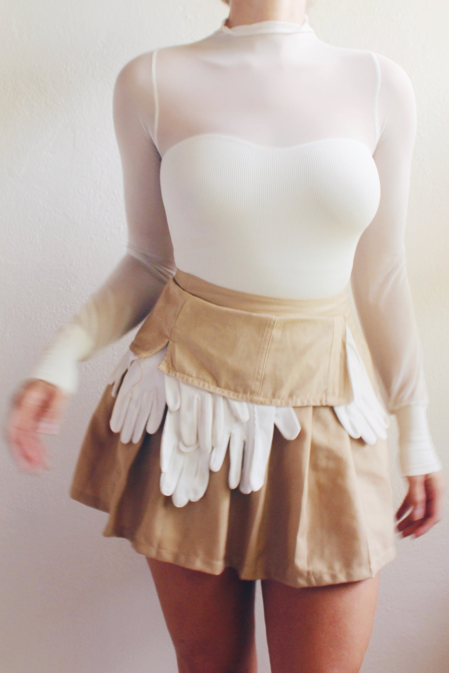 Pleated Asymmetric Mini Skirt / Upcycled Vintage Gloves Khaki Skirt / Handmade Reworkd Ladies Gloves Bottom