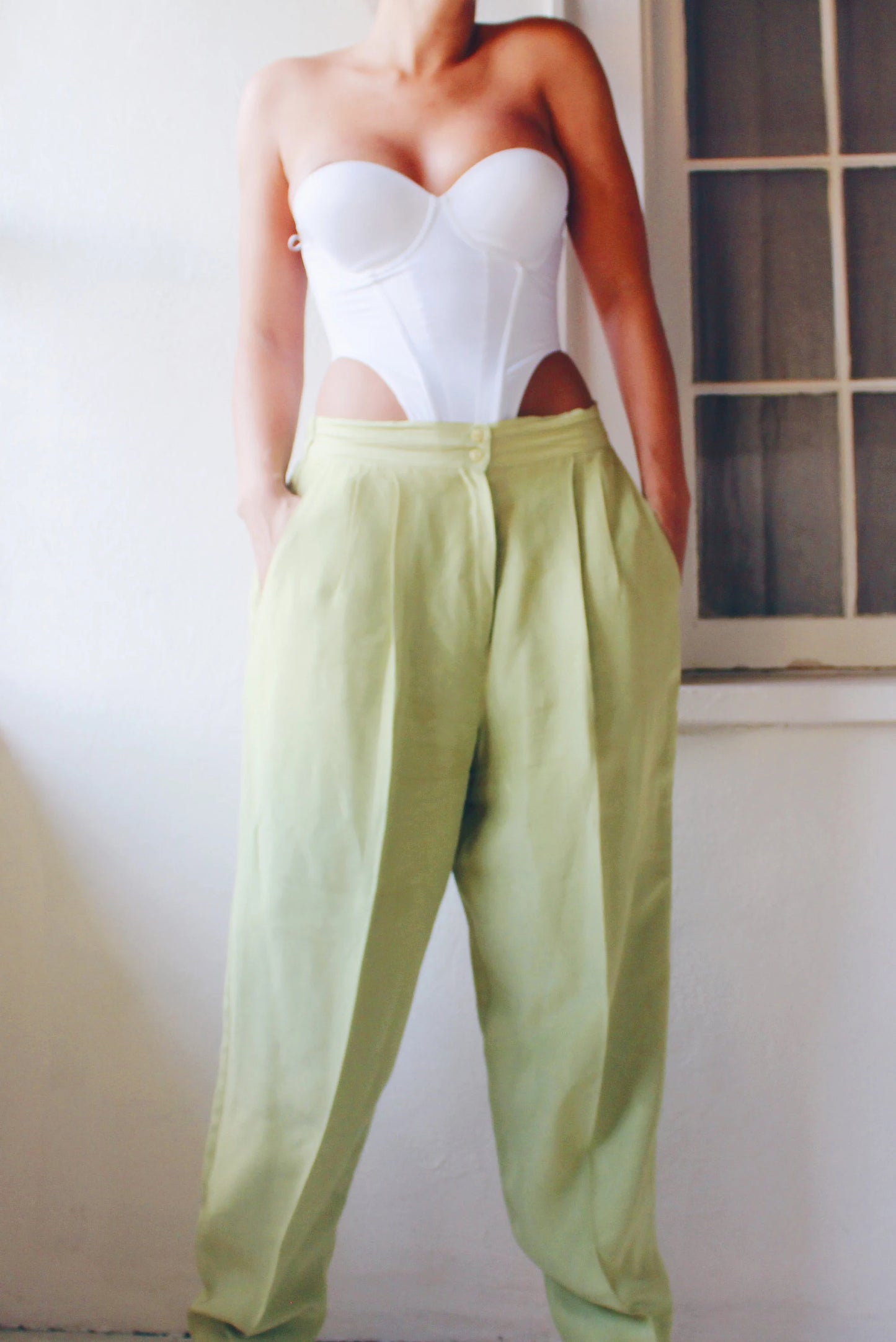 High Waisted Bright Green Pants / Vintage Pleated Green Trousers