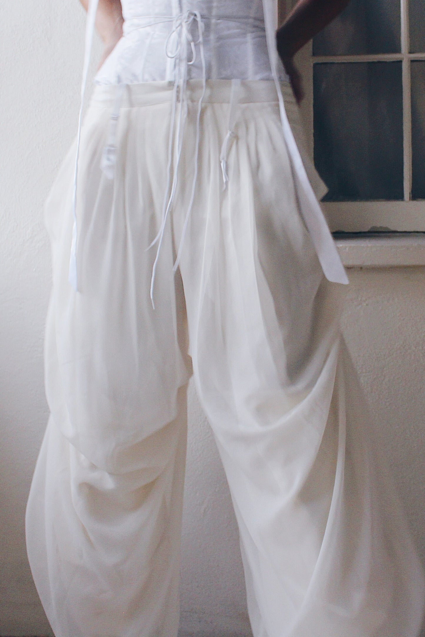 Pleated White High Waisted Parachute style pants /  Ivory Cinched Wide Leg formal pants