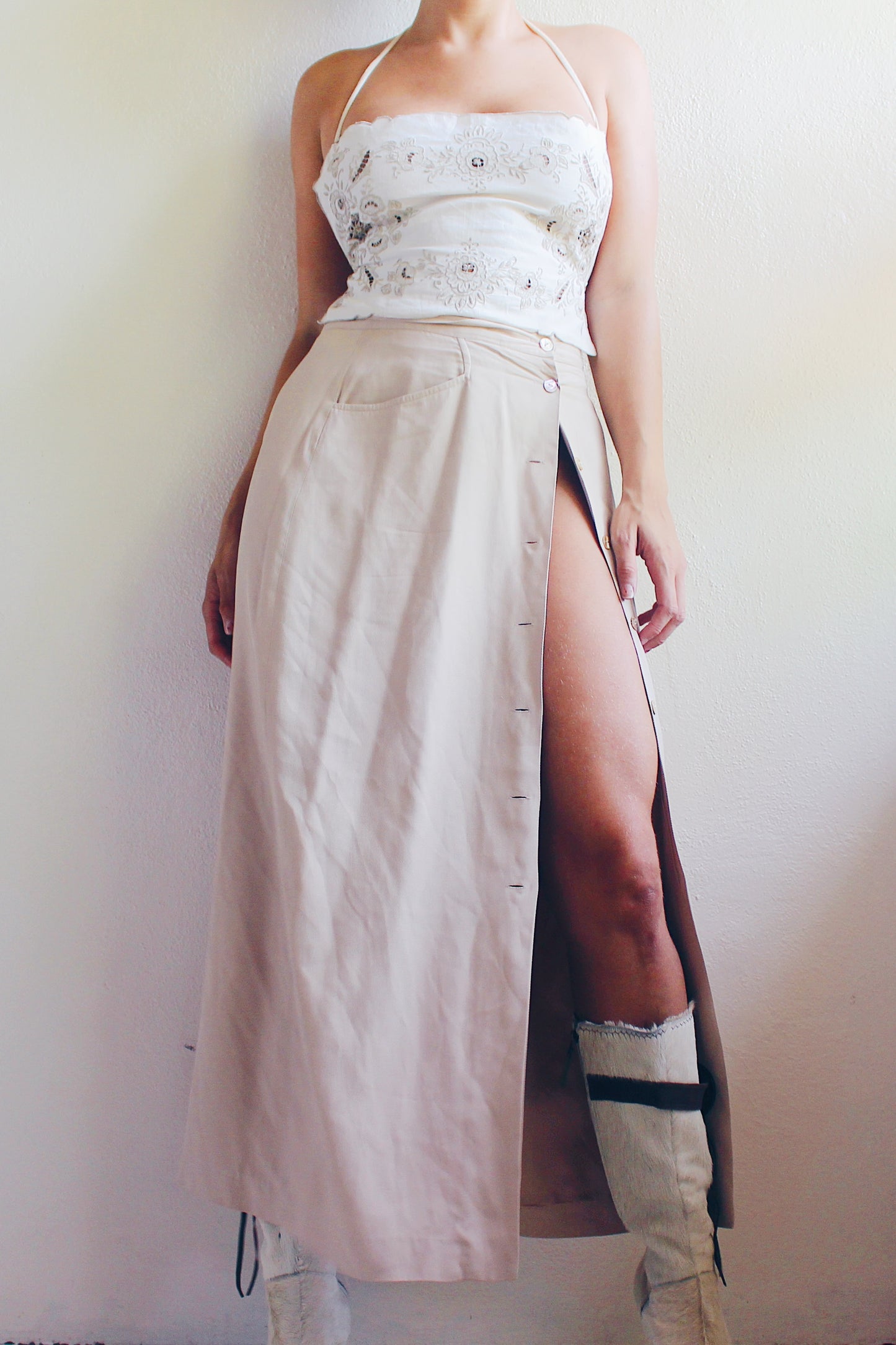 Light Summer Silk Maxi Skirt / Long Casual Khaki button up skirt / 90s Boho Style