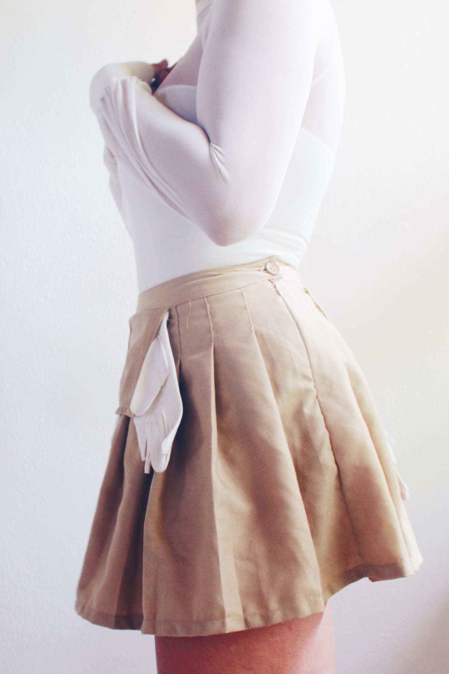 Pleated Asymmetric Mini Skirt / Upcycled Vintage Gloves Khaki Skirt / Handmade Reworkd Ladies Gloves Bottom