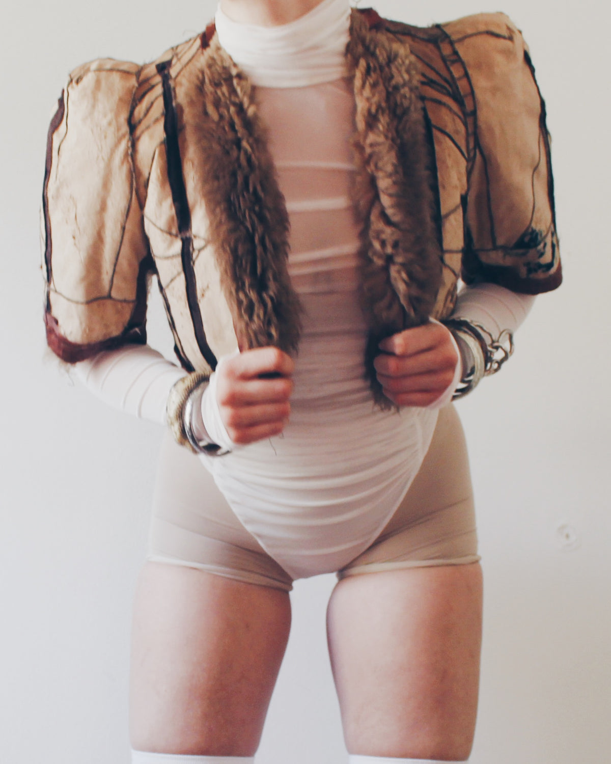 Vintage Reversible Fur Shrug, Cropped Fur and Patchwork Leather Bolero, Alternative Feral Boho Jacket, Nature Goth